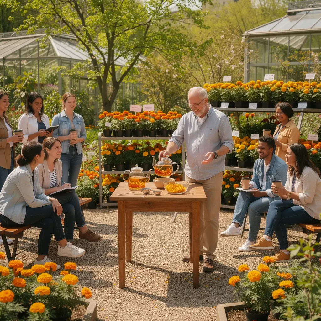 Egy csésze körömvirág tea, mellette friss virágokkal díszítve.