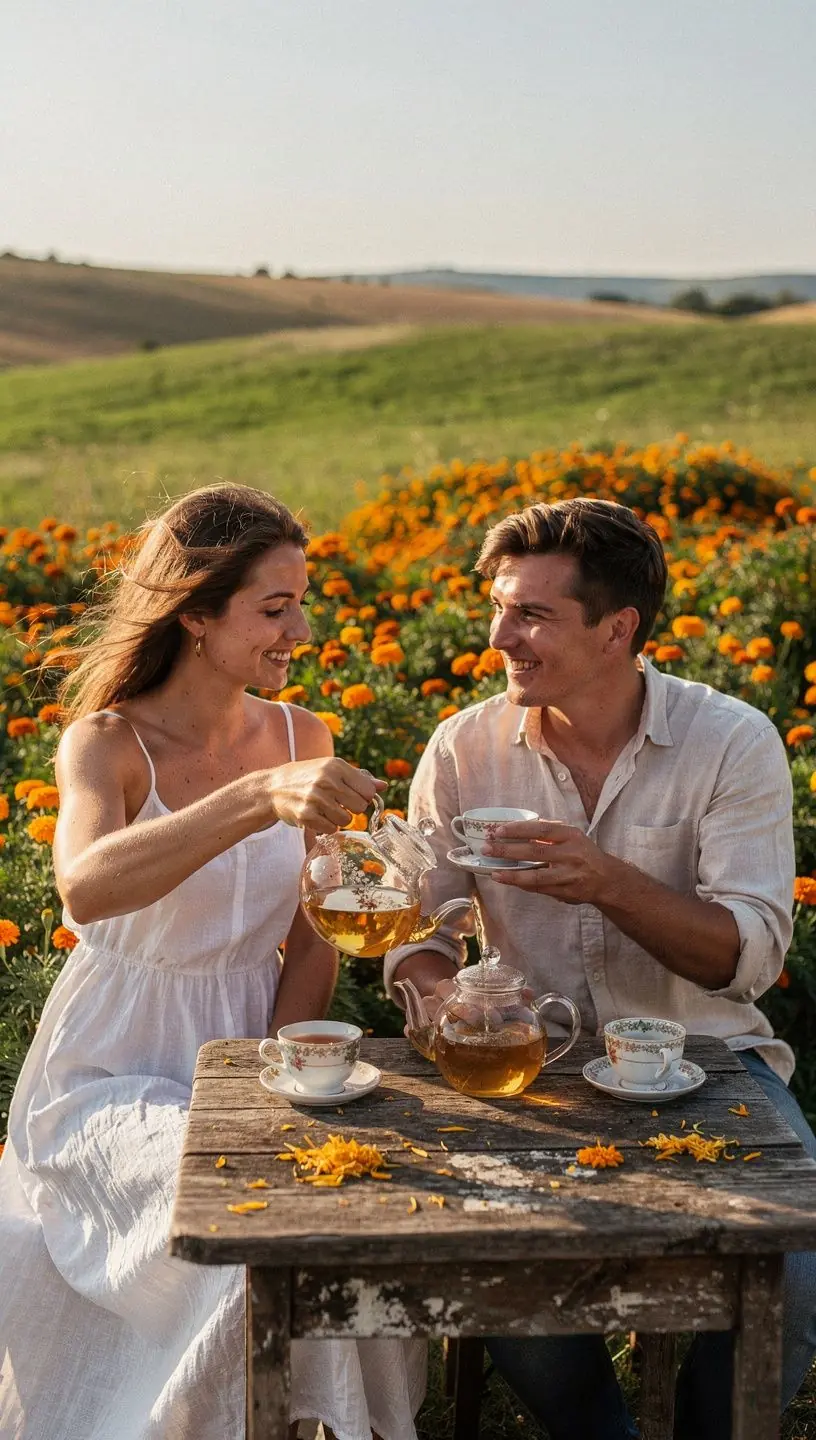 Az aromás körömvirág tea élvezete, természetes díszítéssel a háttérben.