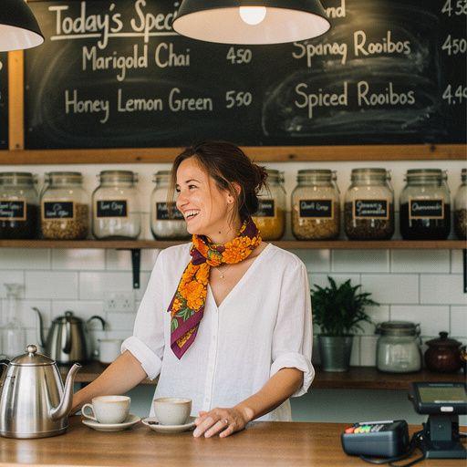 Teáscsésze napraforgó virág tea mellett, díszes tálcán.